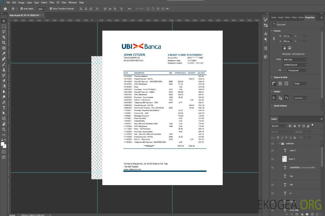 Relevé bancaire Italie UBI BANCA modèle facile à remplir au format Excel et PDF template